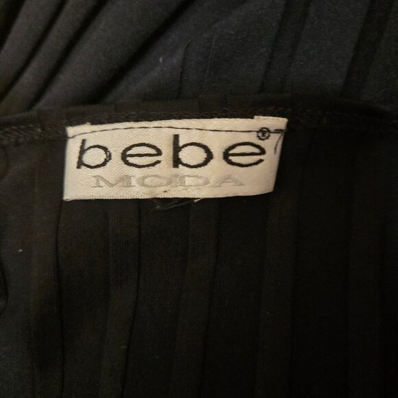 Vintage Bebe Moda Black Ribbed Pencil Wiggle Dress Lace Trim Size L Stretch Midi - Picture 2 of 9